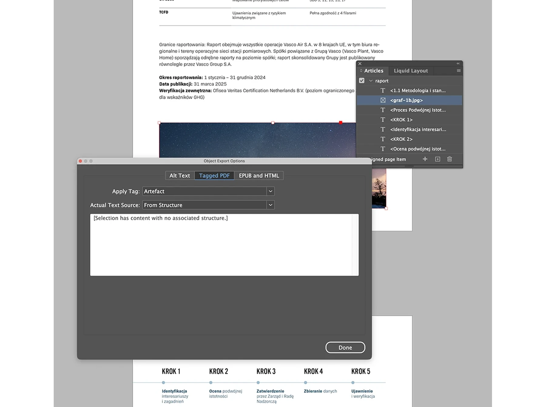 Zrzut ekranu panelu tagów w dostępnym pliku PDF raportu — struktura nagłówków, tabel i opisów alternatywnych.
